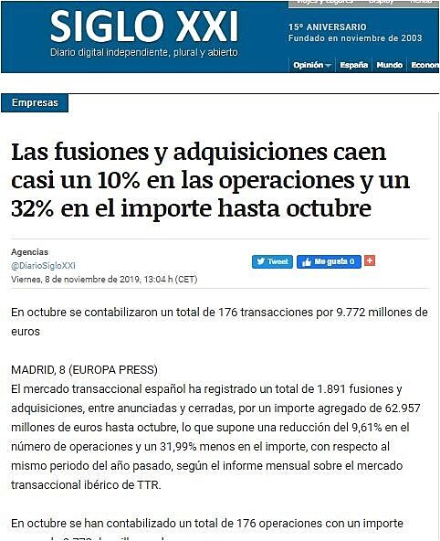 Las fusiones y adquisiciones caen casi un 10% en las operaciones y un 32% en el importe hasta octubre